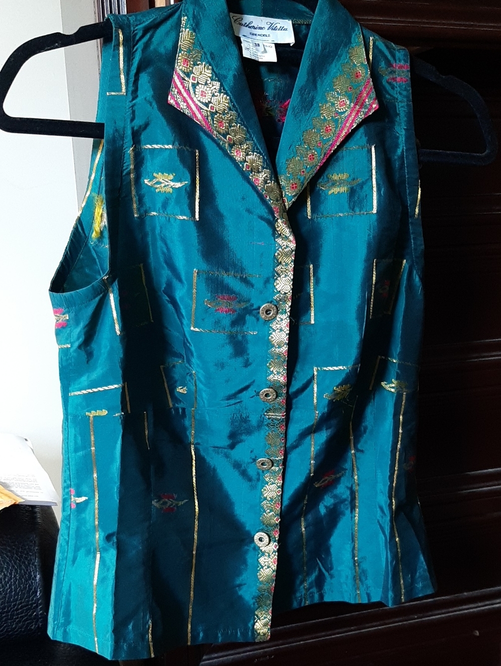 Green Embroidered Sleeveless Jacket Gold TRIM Catherine Vitetta Grenob FRANCE 38